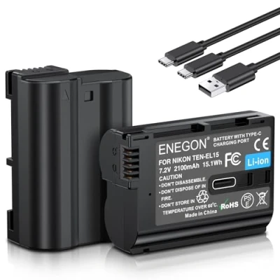 Immagine di ENEGON Batterie di Ricambio Ricaricabili EN EL15/EL15c con Ricarica Diretta USB C 2100mAh(2 Pezzi) Cavo 2 in 1 per Nikon D7100, D7000,D7200,D610,D880,D810,D800,Z6,Z7