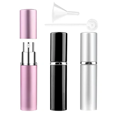 Immagine di Zingso Set di 3 mini flaconi spray da viaggio ricaricabili con imbuto (6 ml rosa + argento nero)