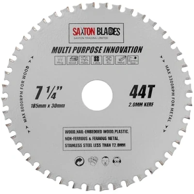 Immagine di Saxton TCT18544TMPT Lama per sega circolare multiuso TCT, 185 mm x 44 denti, legno e metallo, compatibile con Bosch, DeWalt, Ryobi, Makita, ecc