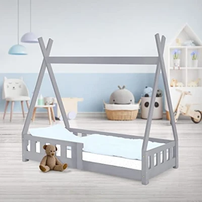 Immagine di ML Design Lettino per Bambini Teepee con Sponde Protezione Anticaduta Recinzione Rete a Doghe 70 x 140 cm Letto Tenda Indiana da Gioco in Legno di Pino Massiccio Grigio Cameretta Casa