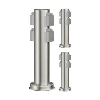 Immagine di ledscom.de 3 prese da giardino a colonna PORU per esterni, IP44, 4 vie, acciaio inox, rotonde, 39 cm