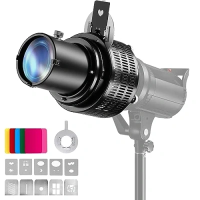 Immagine di Soonpho Snoot ottico conico con supporto Bowens per fotografia, in lega di alluminio, proiettore GOBO, sensore 5 filtri colore e 10 gobos monolight LED Spotlight Studio