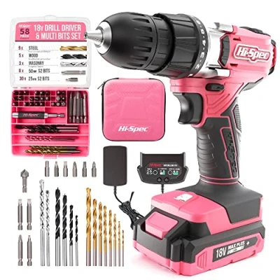 Immagine di Hi Spec Set da 58 pezzi con Trapano avvitatore Rosa 18V &amp; Gamma di punte. Attrezzo per il fai date Avvitare Forare Punte in S2 Metallo, Legno Muratura.
