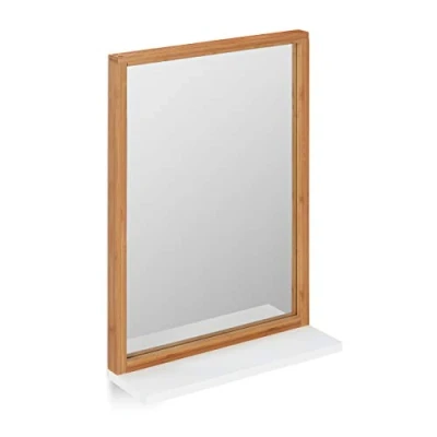 Immagine di Relaxdays Specchio da Parete con Mensola e Cornice, per Bagno/Ingresso, Appendere, in Bambù &amp; MDF, Marrone Chiaro/Bianco