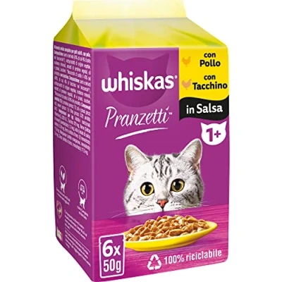 Immagine di Whiskas Pranzetti Carni Bianche 1+ Adulto, Cibo Umido per Gatto, 12 confezioni ognuna da 6 Bustine x 50g (72 in Totale)