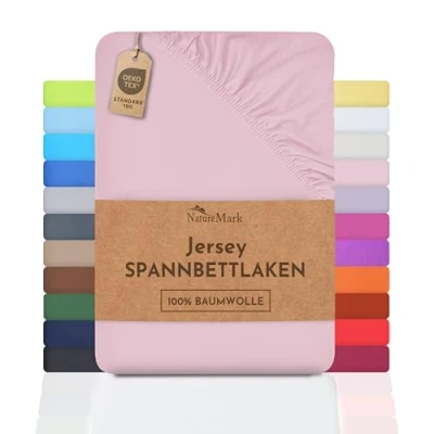 Immagine di NatureMark Lenzuolo con angoli elasticizzati in jersey, 100% cotone, molti colori e misure, conforme all’Oeko Tex Standard 100, 180 x 200 cm rosa