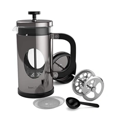 Immagine di bonVIVO GAZETARO I Caffettiera French Press (Caffettiera Pressofiltro) Di Design In Acciaio Inox e Vetro. Francese (French Press) Con Rifinitura Argento Filtri. Capacità: 1l/1000ml