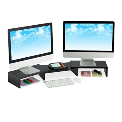 Immagine di Relaxdays Supporto per Monitor, Rialzo 2 Schermi, Regolabile, Lavoro Ergonomico, Stand PC da Scrivania, Nero, 100% Pannello di Fibra