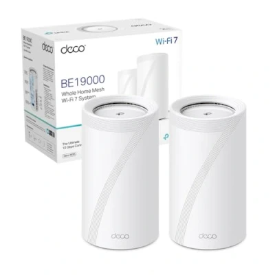 Immagine di TP Link WiFi 7 Deco BE85(2 pack) Router Mesh WiFi, BE19000Mbps Tri Band, Canali 320 MHz, Porta 10Gbps Combinata Ethernet/Fibra, Ripetitore, Alexa, Funziona con Qualsiasi ISP e Modem, 2 Pacchi