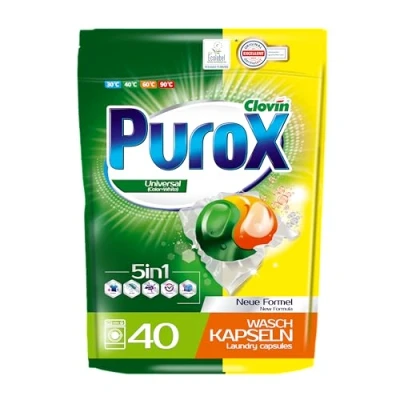 Immagine di PUROX UNIVERSAL Detersivo Lavatrice In Capsule (40 Lavaggi) a 2 camere per il lavaggio di tessuti bianchi e colorati Detergente doypack 800 g