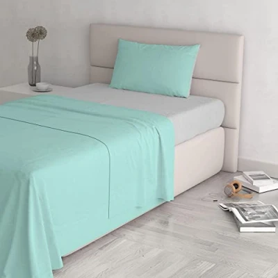 Immagine di Italian Bed Linen Completo Letto Natural Color, 100% Cotone, Verde Acqua/Grigio Chiaro, Una Piazza e Mezza