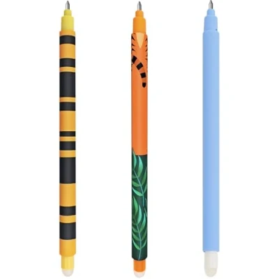 Immagine di Set penne gel cancellabili con inchiostro cancellabile termosensibile, gamma di colori diversi e disegni, punta da 0,7 mm (Api, tigri ed elefanti)