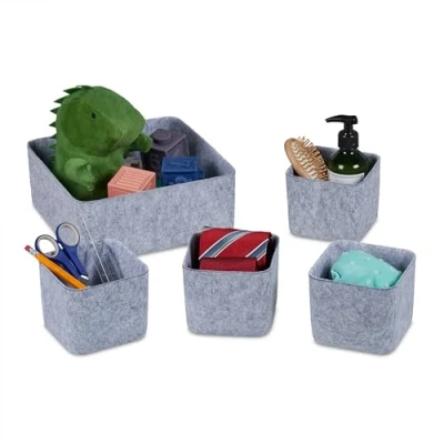 Immagine di Relaxdays Cesto Portaoggetti in Feltro, Set 5 Contenitori di 2 Misure, Scatola Tessuto per Accessori, Grigio Chiaro, 10,5 x 25 cm