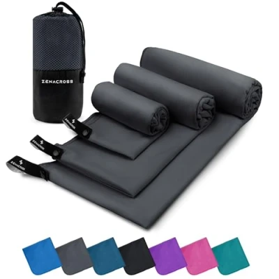 Immagine di Zenacross Asciugamano Palestra Set di 3 con Borsa per il Trasporto Microfibra a Rapida Asciugatura e Versatile Telo Taglie XS, S, M Grigio Scuro