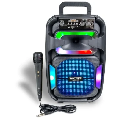 Immagine di Bontempi SonicSync Amplificatore Wireless Karaoke con Microfono Dinamico, Effetti Luminosi, Regolatore Alti e Bassi, Funzione TWS, 38,2x24,9x21,9 cm Nero