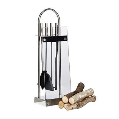 Immagine di Relaxdays Accessori Camino, Set 5 Porta Attrezzi, Paletta, Pinza, Scopetta Attizzatoio Vetro e Acciaio Argento