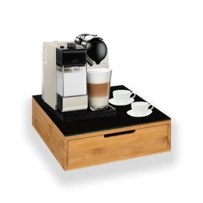 Immagine di OWIJI Portacapsule Bambù Con Cassetto Scomparti Caffè Organizzatore Capsule Cialde Tisane Tè Bustine Di Zucchero Bicchierini 30x30x10Cm