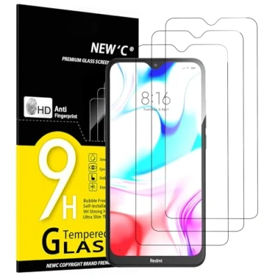 Immagine di NEW&#039;C 3 Pezzi, Vetro Temperato per Xiaomi Redmi 8A, Pellicola Prottetiva Anti Graffio, Impronte, Senza Bolle, Durezza 9H, 0,33mm Ultra Trasparente, Resistente