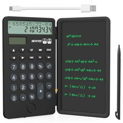 Immagine di NEWYES calcolatrice portatile con blocco note, grande display a 2 righe 12 cifre, da scrivania ricaricabile ad energia solare per studenti scolastici e ufficio (nero)