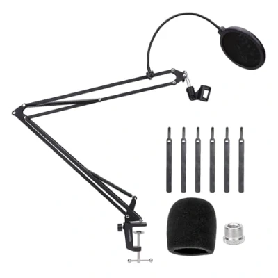 Immagine di Amazon Basics Supporto Braccio Microfono Regolabile con Filtro Anti Pop, Schermo Antivento in Schiuma, Morsetto da Tavolo, Rotazione a 360, Compatibile Blue Yeti, Snowball, HyperX, 48.2 cm, Nero