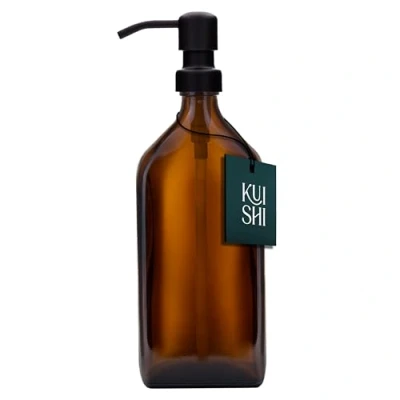 Immagine di Kuishi Dispenser di sapone in Vetro da 500 ml con testa a pressione nera Ugello acciaio inossidabile sostituibile ambrato riciclato Ecologico Versatile Elegante Arredamento