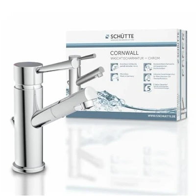 Immagine di miscelatore per lavabo SCHÜTTE Cornwall, bagno, rubinetto monocomando con scarico a scomparsa, cromo, metallo, alta pressione