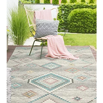 Immagine di the carpet Palma robusto tappeto per esterni ed interni, resistente alle intemperie e ai raggi UV, balcone, terrazza, giardino d&#039;inverno o cucina, a rombi, crema, 160 x 230 cm