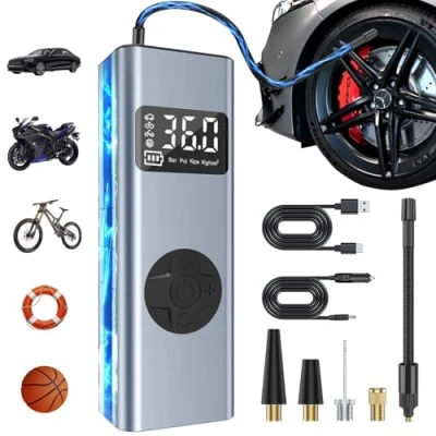 Immagine di Compressore Portatile, HYCHIKA Aria Portatile 12V, 6000mAh Aria, con Luce a LED e Commutazione Dell&#039;Unità di Misurazione Pressione (PSI/BAR/KPA/KG/CM²), 5 Accessori