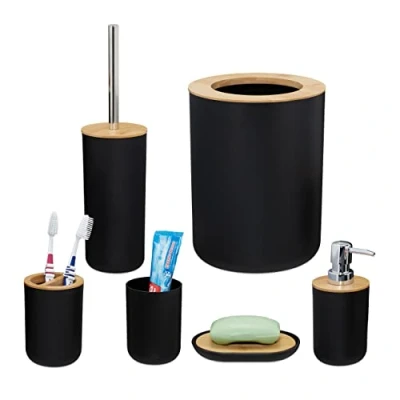 Immagine di Relaxdays Bagno Completo, 6, bambù, Kit WC, Porta Spazzolino, Dentifricio, Sapone e Saponetta, Nero, Set da 6X Accessori