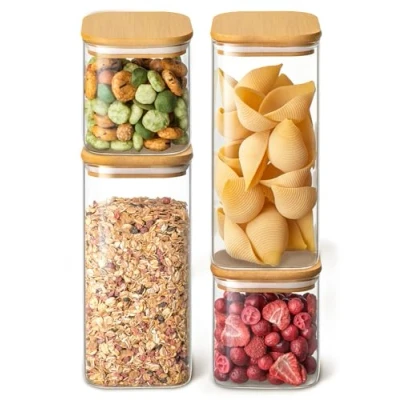 Immagine di Praknu 4 Barattoli Cucina in Vetro con Coperchio Quadrati Coperchi Bambù Ermetici per Alimenti Contenitori Due Dimensioni