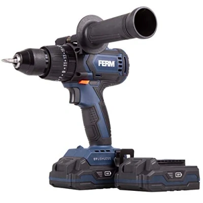 Immagine di FERM trapano avvitatore con percussione 20V 3 funzioni: foratura, a e avvitatura. Brushless. Include 2 batterie 2.0Ah, caricabatterie, maniglia laterale punte