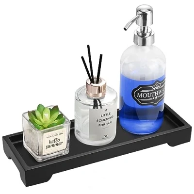 Immagine di Luxspire Vassoio da Bagno, Rettangolare in Resina, Organizer per Camera, Portaoggetti Resistente, Taglia S Shampoo Gioielli Asciugamano Sapone Pianta Nero