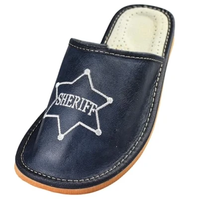 Immagine di APREGGIO Ciabatte Estive da Uomo in Pelle Liscia Pantofole Casa con Le Dita Coperte Slip On Suola Piatta Leggere Sheriff Blu Taglia 44 EU