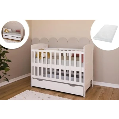 Immagine di Kids Collective lettino per bambini 70x140 cm con materasso e cassetto culla trasformabile regolabile in altezza bianco Made Europe 140x70