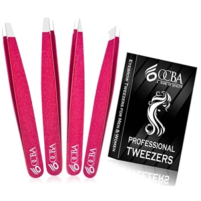Immagine di OCBA 4 pinzette rosa per peli del viso donne e uomini la cura precisa delle sopracciglia, professionali in acciaio inossidabile con rivestimento di colore nero