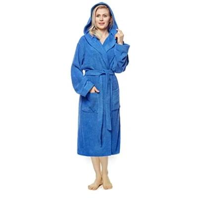 Immagine di Arus Accappatoio da donna con cappuccio, lunghezza al polpaccio, 100% cotone spugna, Taglia donna: M, unisex: S Blu Reale