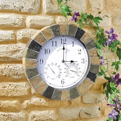 Immagine di Homezone Grande orologio da parete e termometro in ardesia, funzionamento a batteria, impermeabile, resistente alle intemperie, giardino, decorazione per interni o esterni,