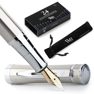 Immagine di Wordsworth &amp; Black Set penna stilografica, pennino extra fine, include 24 cartucce d&#039;inchiostro, convertitore di ricarica inchiostro e custodia regalo, finitura cromata, calligrafia, [argento cromato]