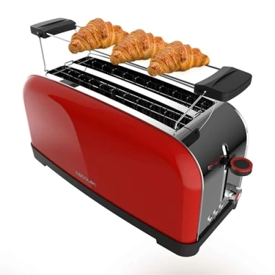 Immagine di Cecotec Tostapane Vertical 2 Fessure Lunghe Toastin&#039; Time 1500 Red. W, 4 Fette di Pane, Fessura Larga 3,8 cm, Supporto per Panini e Vassoio Raccogli Briciole, Acciaio Inossidabile Rosso