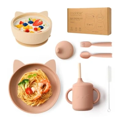 Immagine di COOLABLE Set pappa Svezzamento Bambino,Set di 7 Piatti per Bambini senza BPA,Include piatto e ciotola con ventosa, bicchiere, coperchio, forchetta cucchiaio, spazzola cannuccia Rosa Pallido
