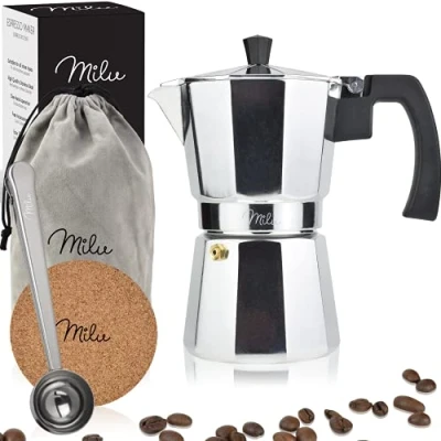 Immagine di Milu Caffettiera (Non Induzione) 2, 3, 6,9 Tazze Espresso in Alluminio, Set comprendente sottobicchiere, cucchiaio, spazzola (Alluminio, 3 (150ml)
