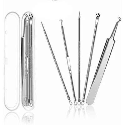 Immagine di EloLife Blackhead Remover Set di 5 spremiagrumi per comedoni, con scatola in acciaio inox, rimuovere punti neri, tutti i tipi pelle
