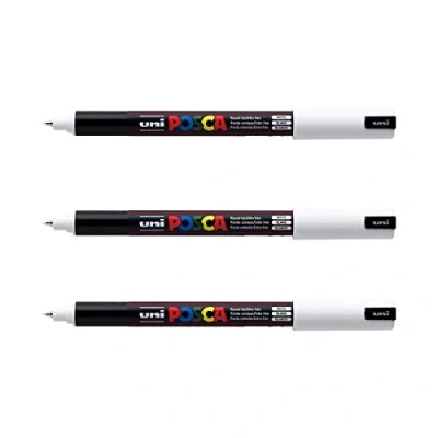 Immagine di POSCA Mitsubishi Pencil 3 pennarelli bianchi PC1MR punta extra fine calibrata 0,7 mm, pennarello a base d&#039;acqua, qualsiasi supporto, per carta, tessuto, vetro, ciottoli, ecc.