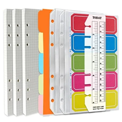 Immagine di DY.2ten Set di ricariche per quaderni, formato A6, 6 fori, 135 fogli (270 pagine), 2 tasche raccoglitori con cerniera 5 divisori A6 + linguette indice righello