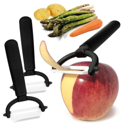 Immagine di COM FOUR® pelapatate 3x con lama in ceramica per frutta e verdura universale particolarmente affilato antiruggine pendolare (3 pezzi nero)