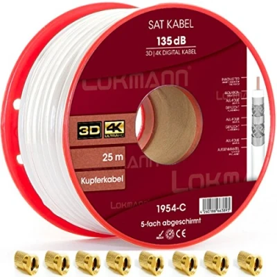 Immagine di LOKMANN, cavo coassiale schermato a 5 strati, lunghezza 25 m, in puro rame, 135 dB, satellitare, antenna TV, Full HD, UHD, 4 K, 8 K e superiori, incluse 10 spine F