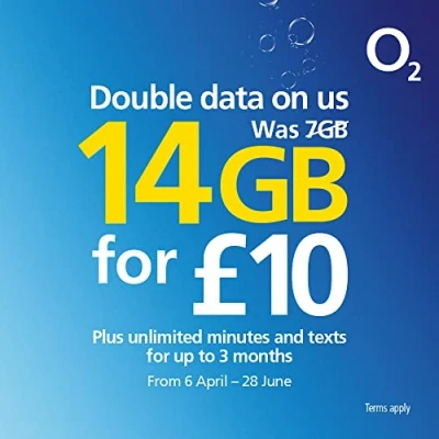Immagine di O2 Pre Pay Sim Card con £10.00 credito incluso 14GBGB Data Unlimited Chiamate e messaggi