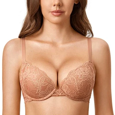 Immagine di DOBREVA Reggiseno Donna Push Up in Pizzo con Ferretto Imbottito Plunge a Coppe Modellate Crema di caffè 6D