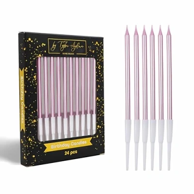 Immagine di by Tugba Aydan candele lunghe e sottili di compleanno (oro rosa), 24 metallizzate per torte compleanno, feste
