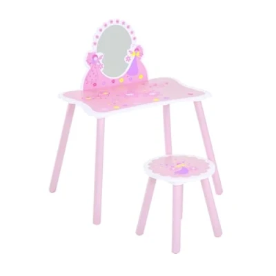 Immagine di HOMCOM Toeletta per Bambini con Sgabello in Legno, Tavolo Trucco Specchio Moderno e Cassetto, 59L x 39P 77A cm, Rosa